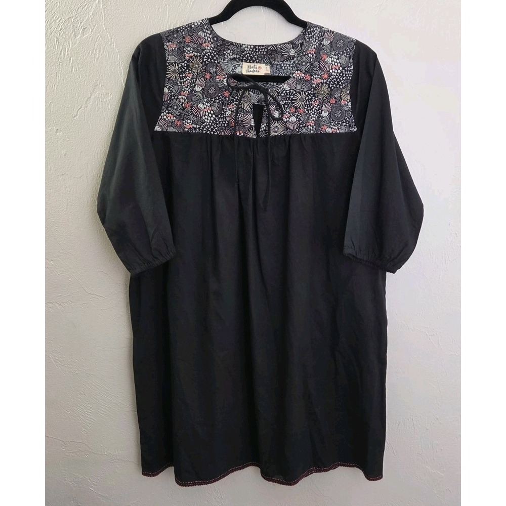 Mata Traders Dress Women'sā Size Small Black Embroidered 100% Cotton Boho Floral